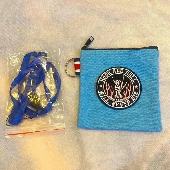 ROCK AND ROLL 🎸 WILL NEVER DIE patchwork  logo coin purse(neck purse) - Picture 1 of 6